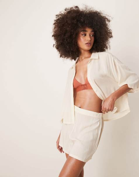 Calvin Klein shirt and short pyjama set in cream - view 1