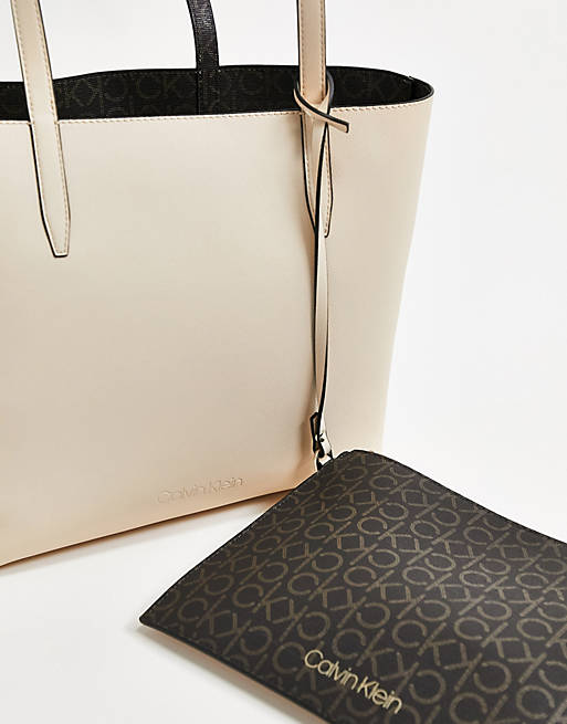 Calvin Klein shopper bag with monogram pouch in brown mix