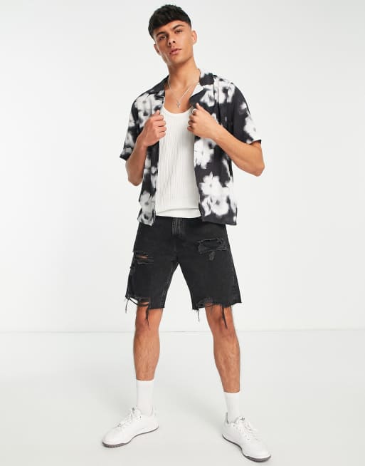 Calvin Klein short sleeve floral print shirt relaxed fit in black, 3 of 4