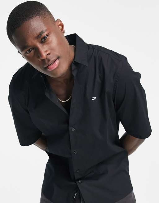 Calvin Klein short sleeve stretch poplin shirt in black | ASOS