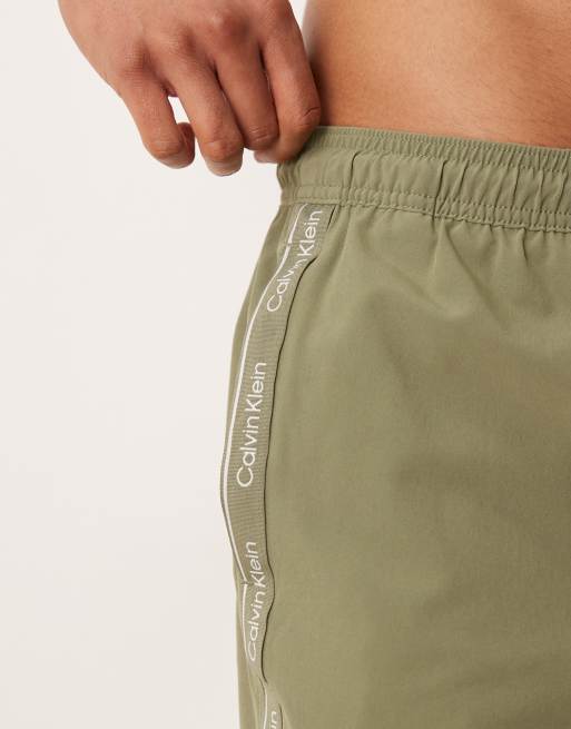 Calvin Klein side script logo drawstring swim shorts in khaki, 2 of 4