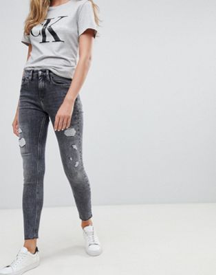 Calvin Klein Skinny jeans med hög midja och revor-Grå