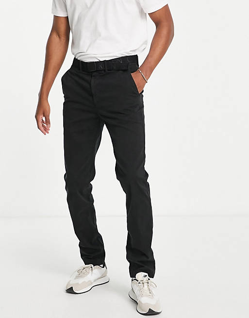 Calvin Klein slim fit garment dyed chinos with belt in black | ASOS