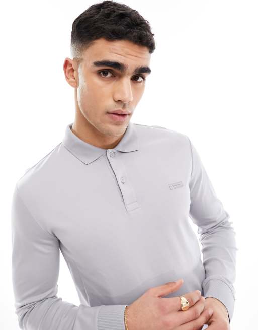 Calvin Klein Slim Long Sleeve Polo Shirt in grey ASOS
