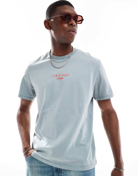 Calvin Klein small central logo t-shirt in washed blue - view 1