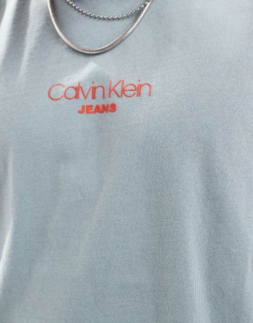 Calvin Klein small central logo t-shirt in washed blue, 2 of 4