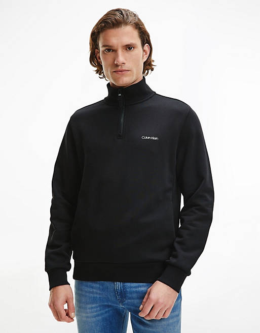 Calvin Klein small chest logo half zip sweatshirt in black | ASOS