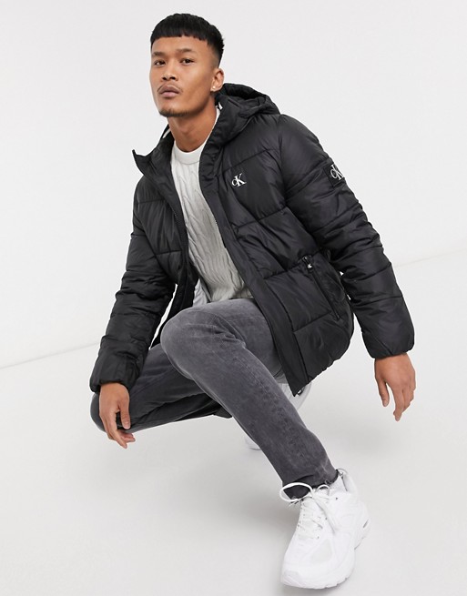Calvin Klein small logo hooded puffer jacket in black