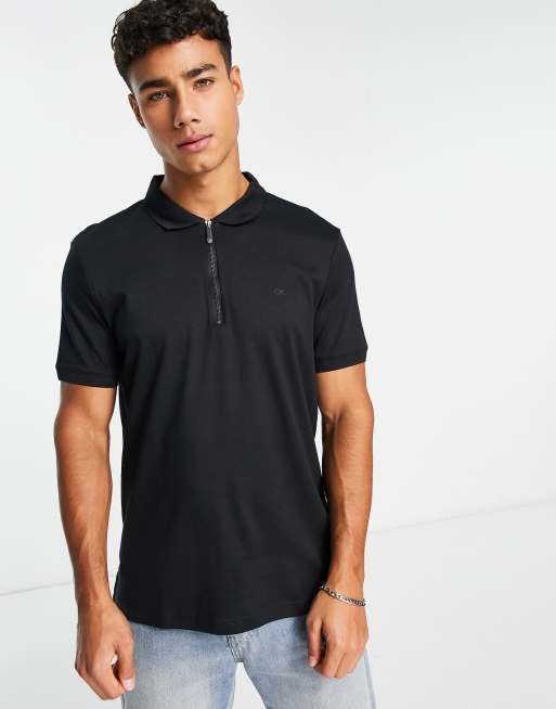 Calvin Klein smooth cotton polo shirt with zip in black | ASOS