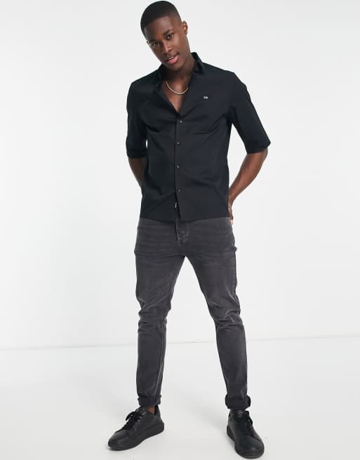 Calvin Klein - Sort poplin-skjorte med korte ærmer og stretch, 3 af 4