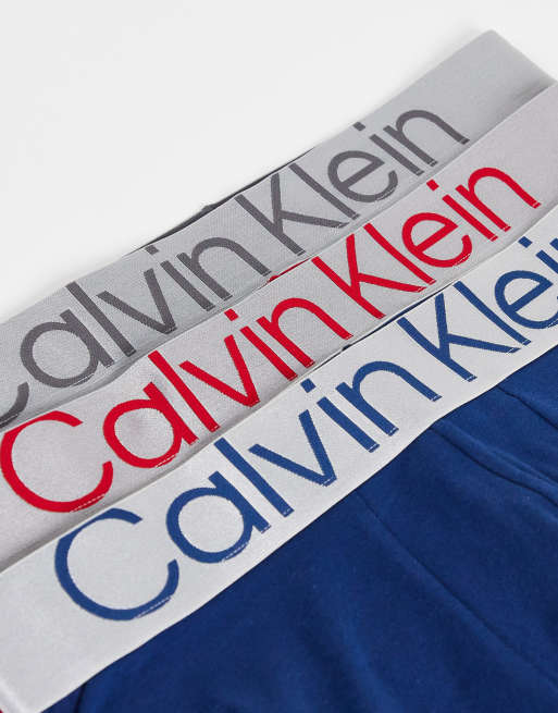 Calvin Klein steel 3-pack cotton trunks in grey/red/blue, 4 of 4