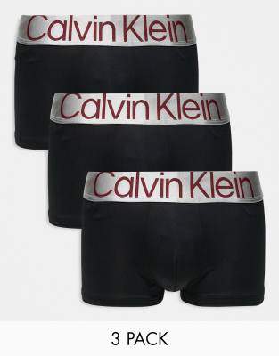 Calvin Klein Steel 3 pack low rise trunk with pink logo waistband in black