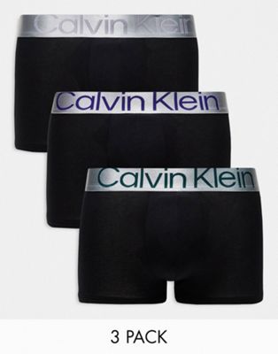 Calvin Klein steel 3-pack trunks with contrast logo waistband in black ...