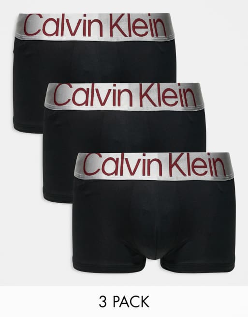 Calvin Klein Steel - Confezione da 3 boxer aderenti a vita bassa neri con fascia in vita color argento