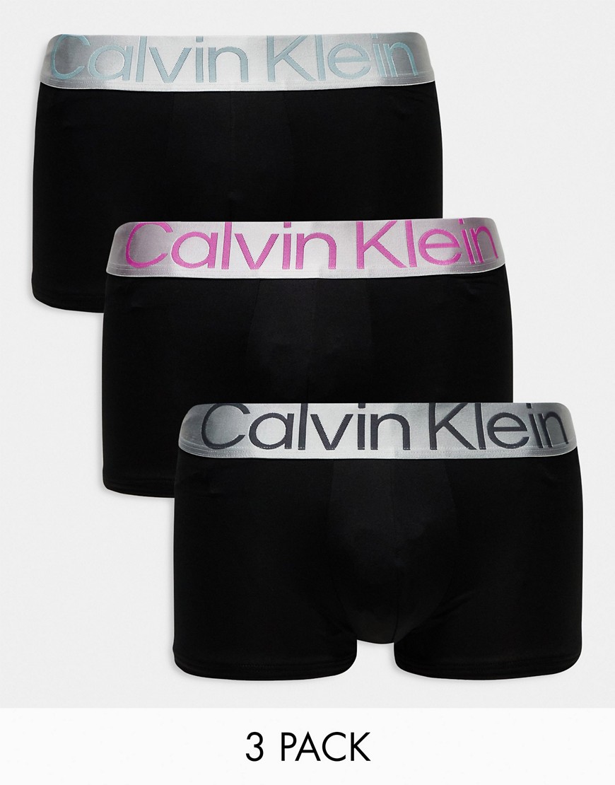 Calvin Klein steel cotton trunks 3 pack in black with coloured waistband