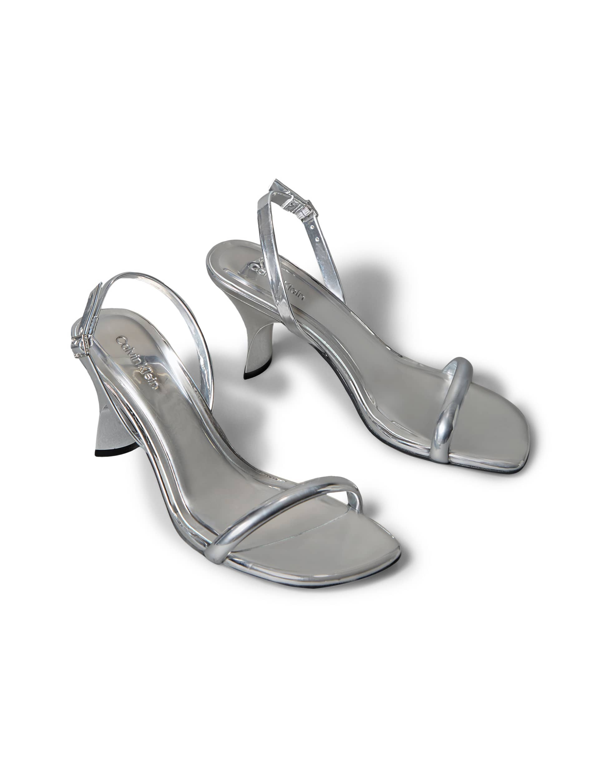 calvin klein strappy leather kitten heels in silver