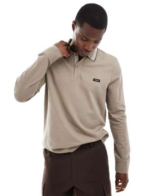 Calvin Klein stretch pique tipped long sleeve polo in beige-Neutral