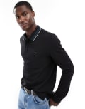 [Calvin Klein] Calvin Klein stretch pique tipped long sleeve polo in black 48 Ck Black / Ink