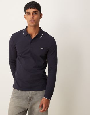 Calvin Klein stretch pique tipped long sleeve polo in navy