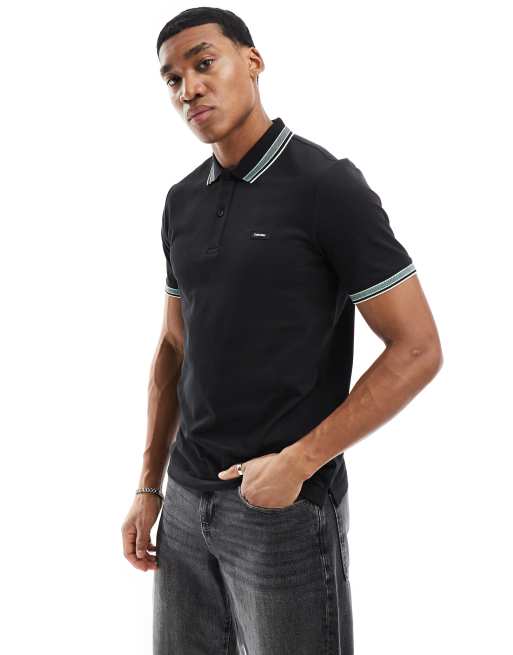 Calvin Klein Stretch Pique Tipped Polo In Black Asos