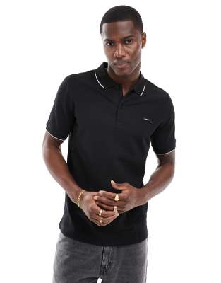 stretch pique tipped polo in black