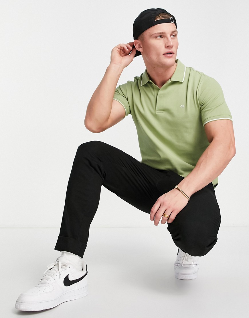 Calvin Klein stretch pique tipping slim fit polo in green