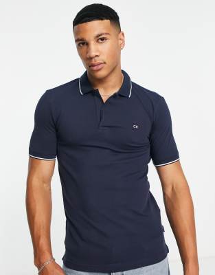 Calvin Klein stretch pique tipping slim fit polo in navy