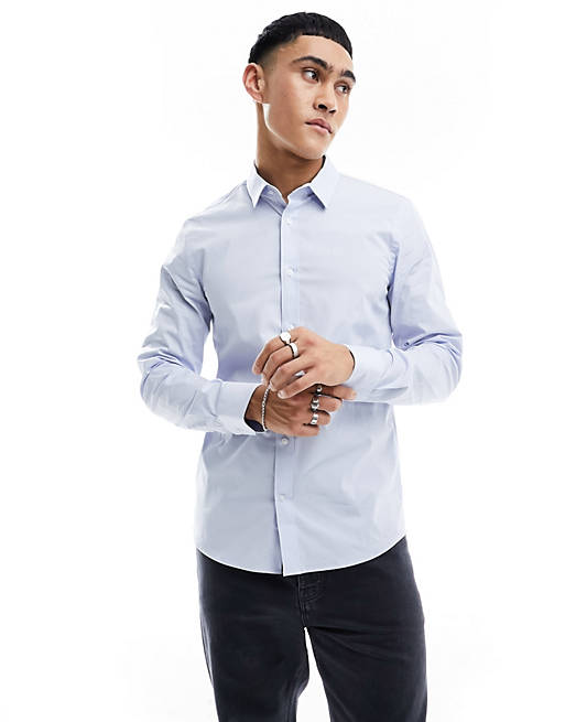 Calvin Klein stretch poplin slim shirt in light blue | ASOS