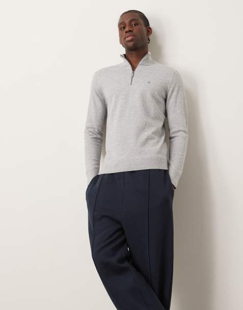 Calvin Klein – Strickpullover in Hellgrau mit Waffelstruktur und kurzem Reißverschluss - view 1