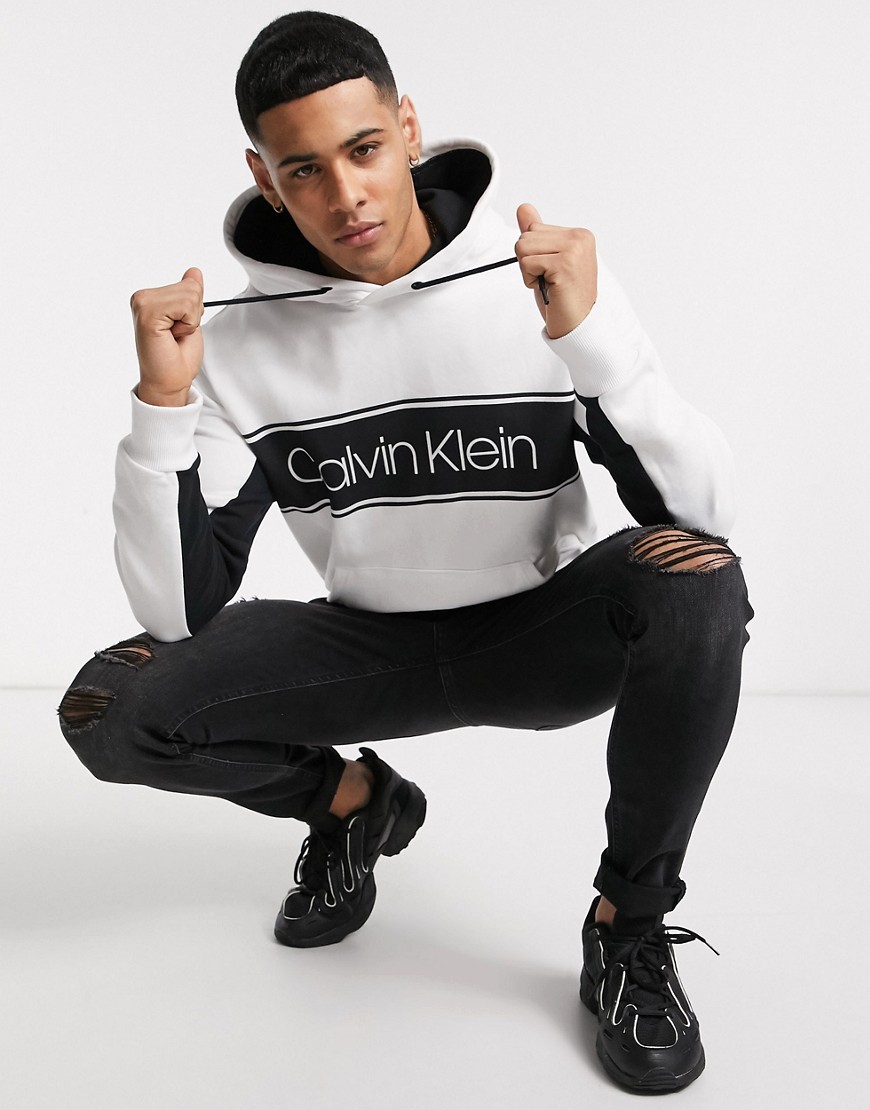 Calvin Klein stripe logo hoodie in white