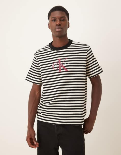 Calvin Klein stripe monologo t-shirt in black - view 1