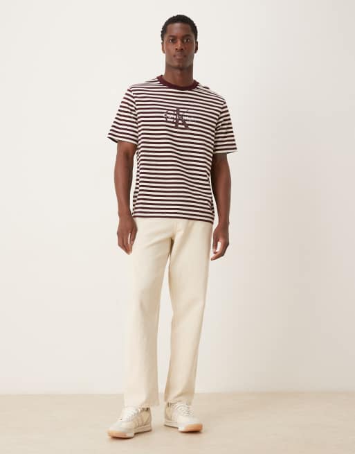 Calvin Klein stripe monologo t-shirt in brown, 2 of 5