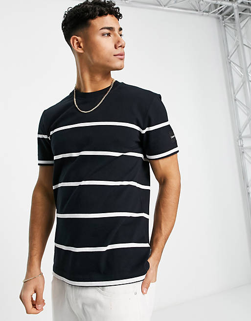Calvin Klein striped badge t-shirt in black | ASOS