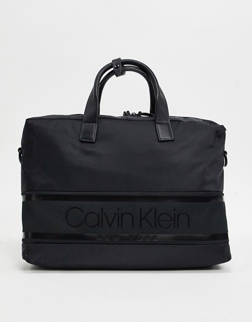 Calvin Klein striped logo laptop bag in black