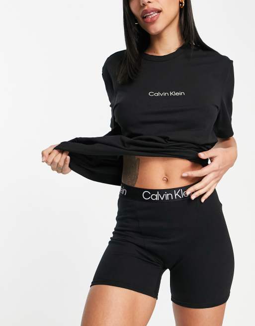 Calvin Klein Structure Cotton and poly short sleeve tee + booty short set  in black - BLACK