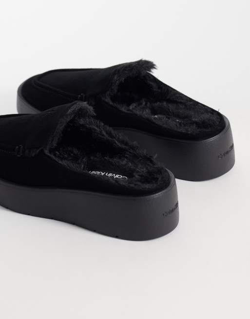 Calvin Klein suede flatform mule with fur lining in black, 2 of 4