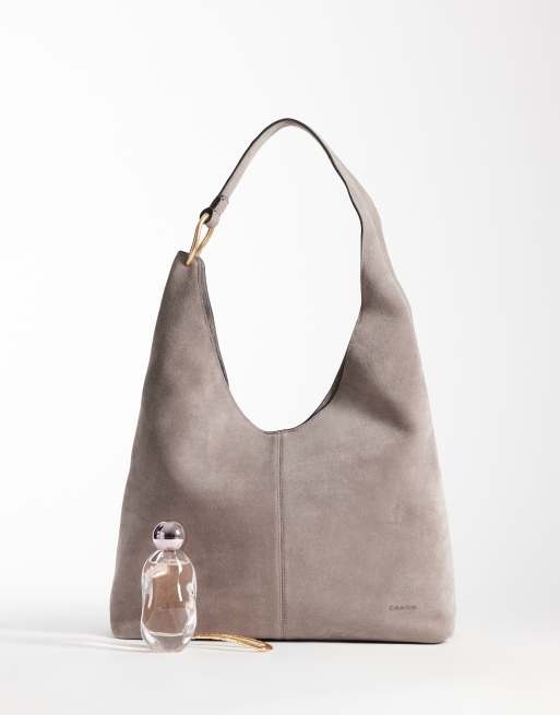 Calvin Klein suede large shoulder bag with gold detail in beige, 2 of 4