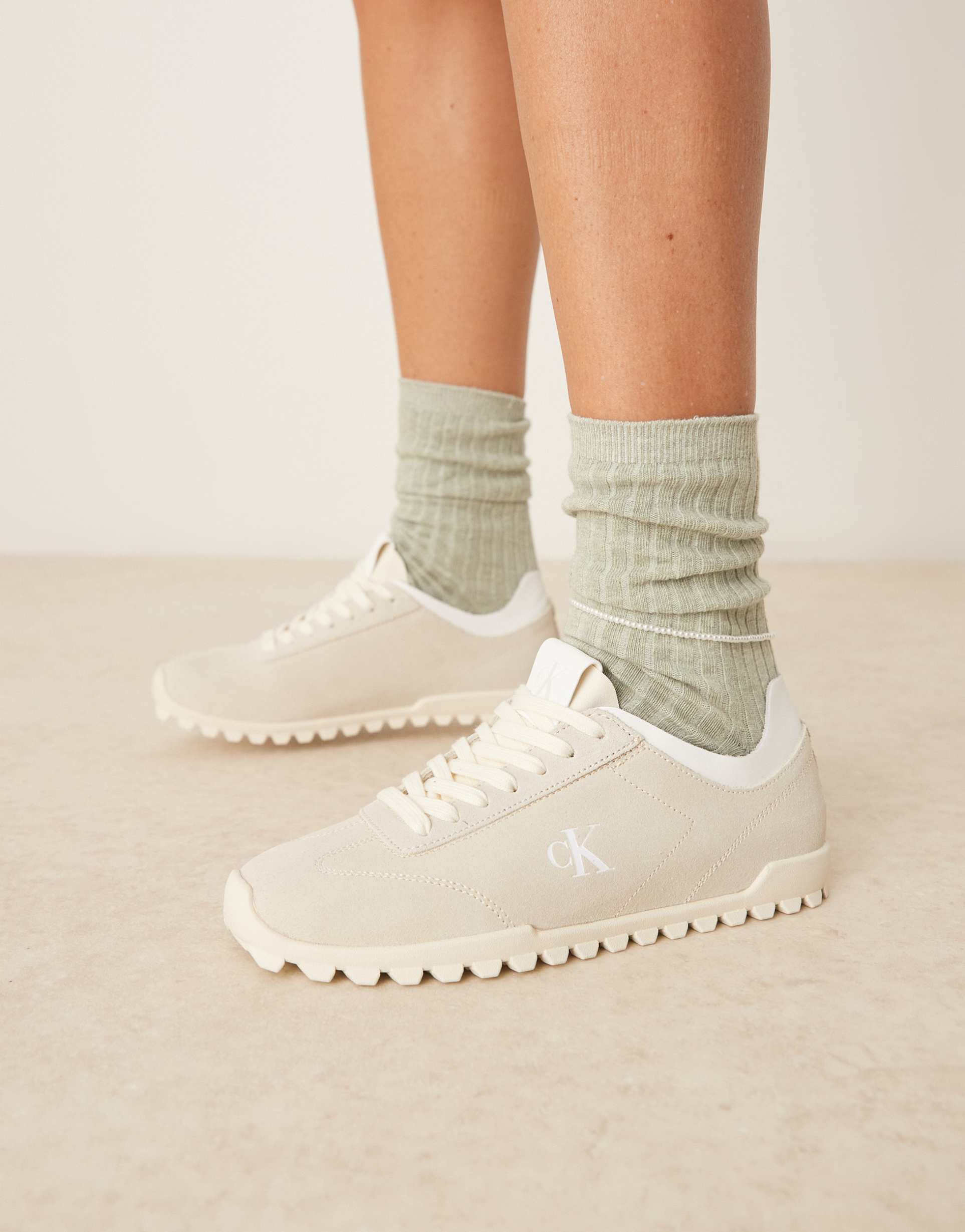 calvin klein suede low profile running sneakers in beige