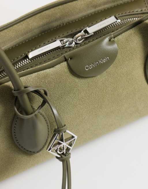 Calvin Klein suede shoulder bag in olive, 3 of 4