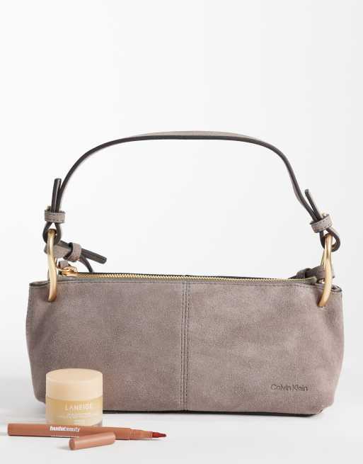 Calvin Klein suede shoulder bag with cross body double strap in taupe, 2 of 4