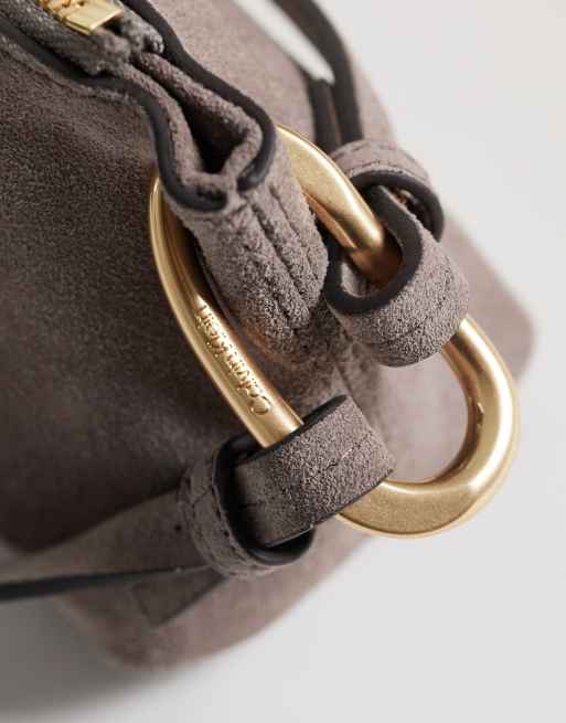 Calvin Klein suede shoulder bag with cross body double strap in taupe, 3 of 4