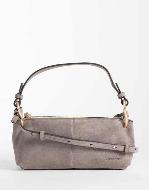 Calvin Klein suede shoulder bag with cross-body double strap in washed lilac - view 1