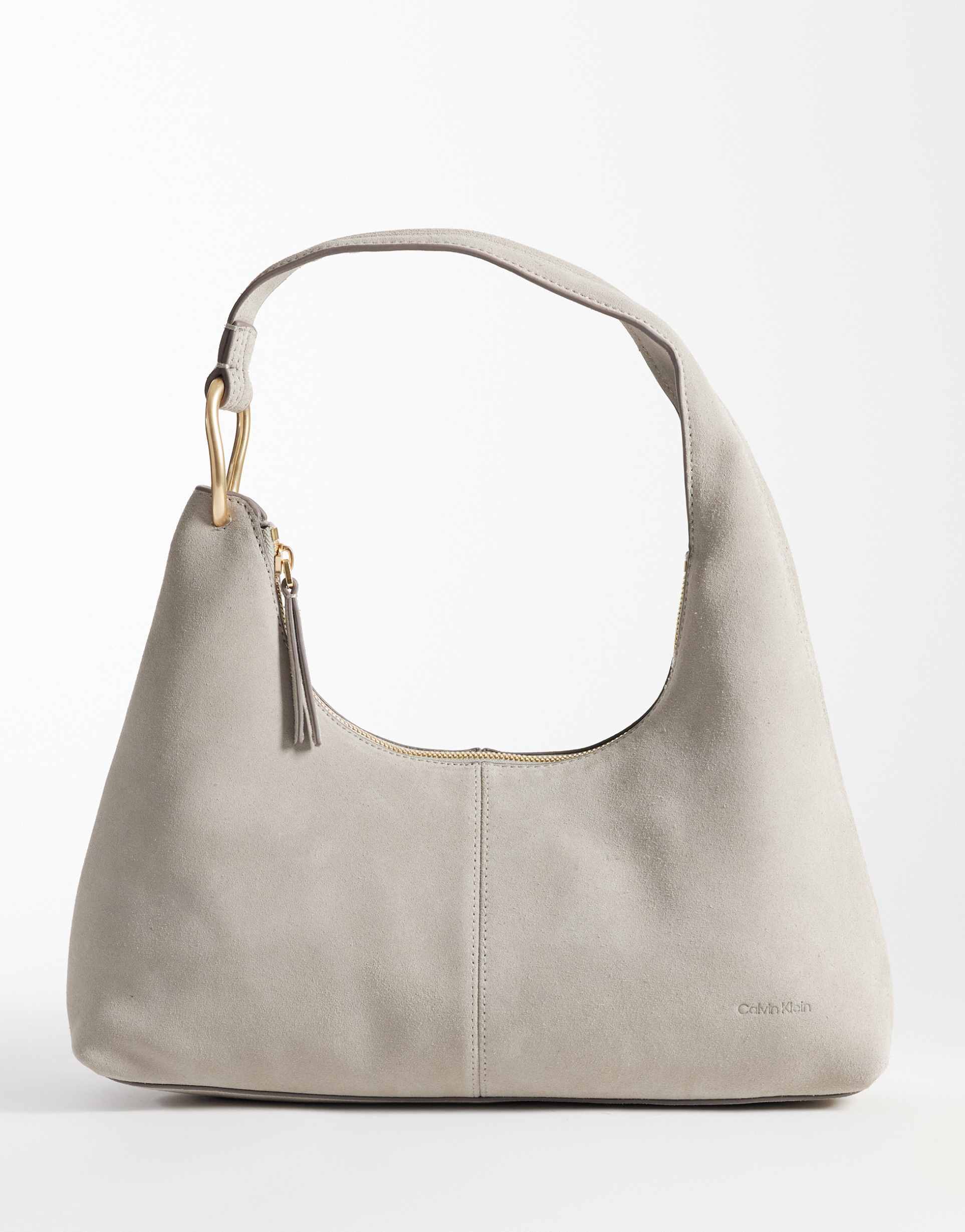 calvin klein suede slouchy shoulder bag in light gray
