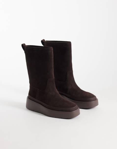 Calvin Klein suede water repellent flatform boot with fur lining in chocolate brown - view 1
