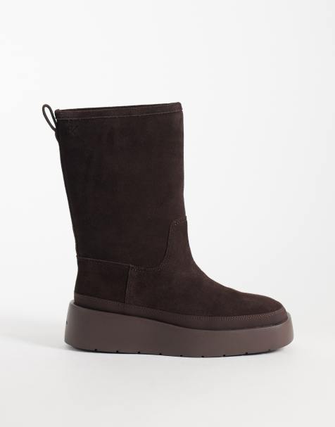 Calvin Klein suede water repellent flatform boot with fur lining in mocha brown - view 1