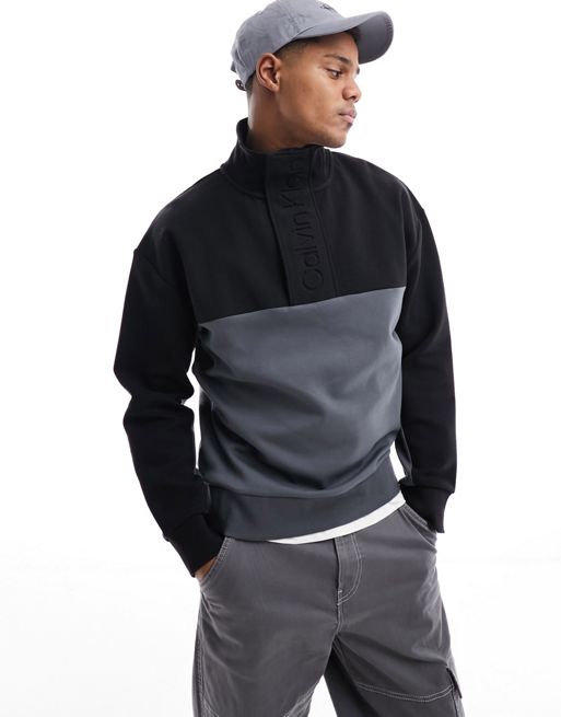 Calvin Klein - Sweatshirt met reliëf en kwartrits in zwart