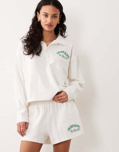 Calvin Klein - Sweatshirt van jersey met polokraag en logo in crème, deel van co-ord set - view 1