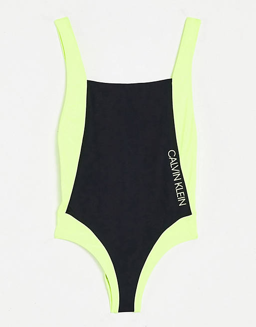 Calvin Klein swimsuit with plunge back in black and neon