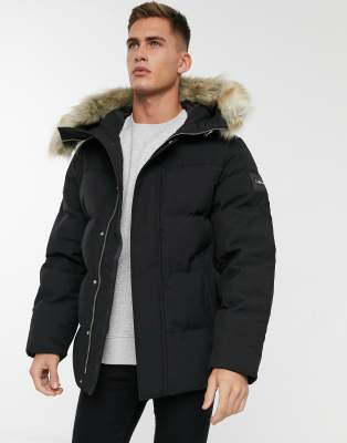 calvin klein black down jacket with faux fur trim