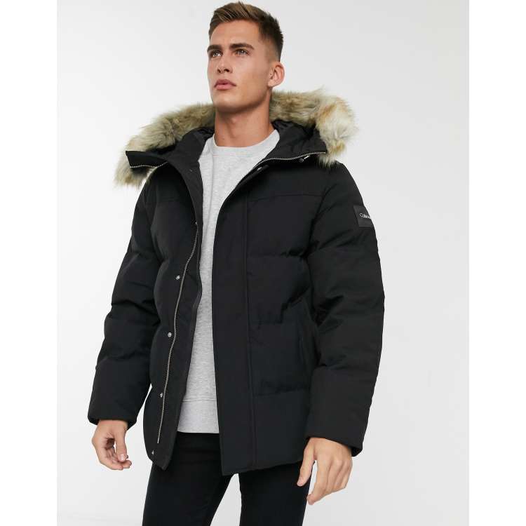 Calvin klein synthetic down bomber jacket with faux fur trim in shop black